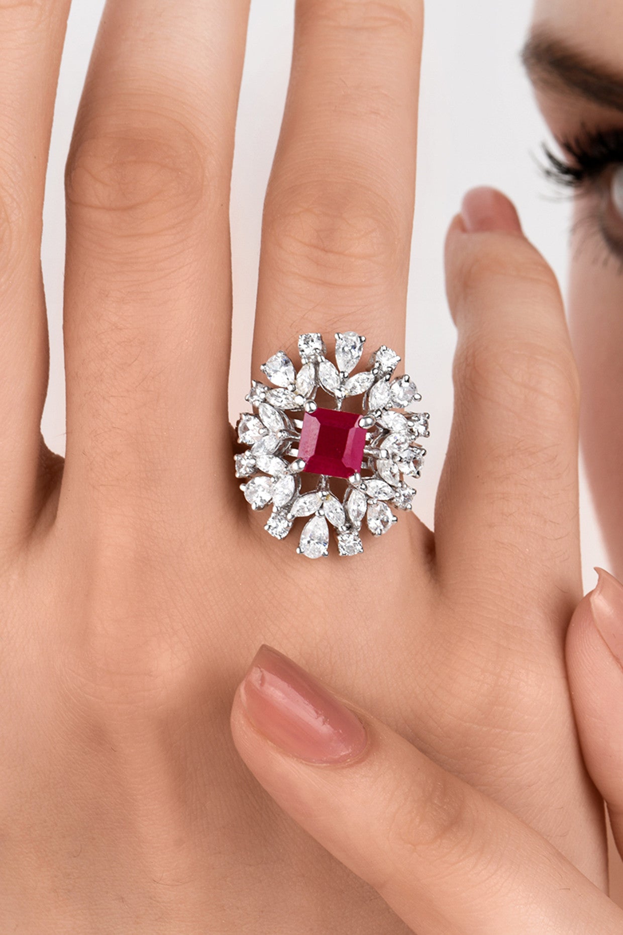Square Cut Synthetic Ruby and White Swarovski Zirconia Ring