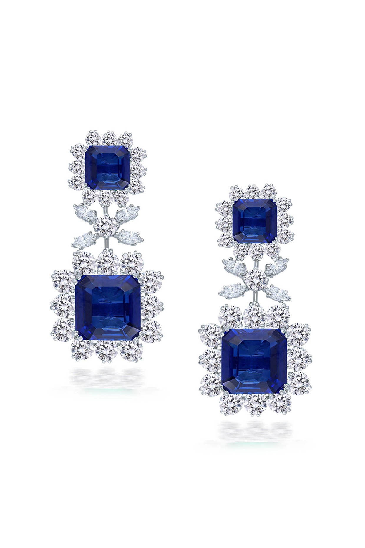 Square Cut Synthetic Sapphire and Mix Shaped White Swarovski Zirconia Earrings