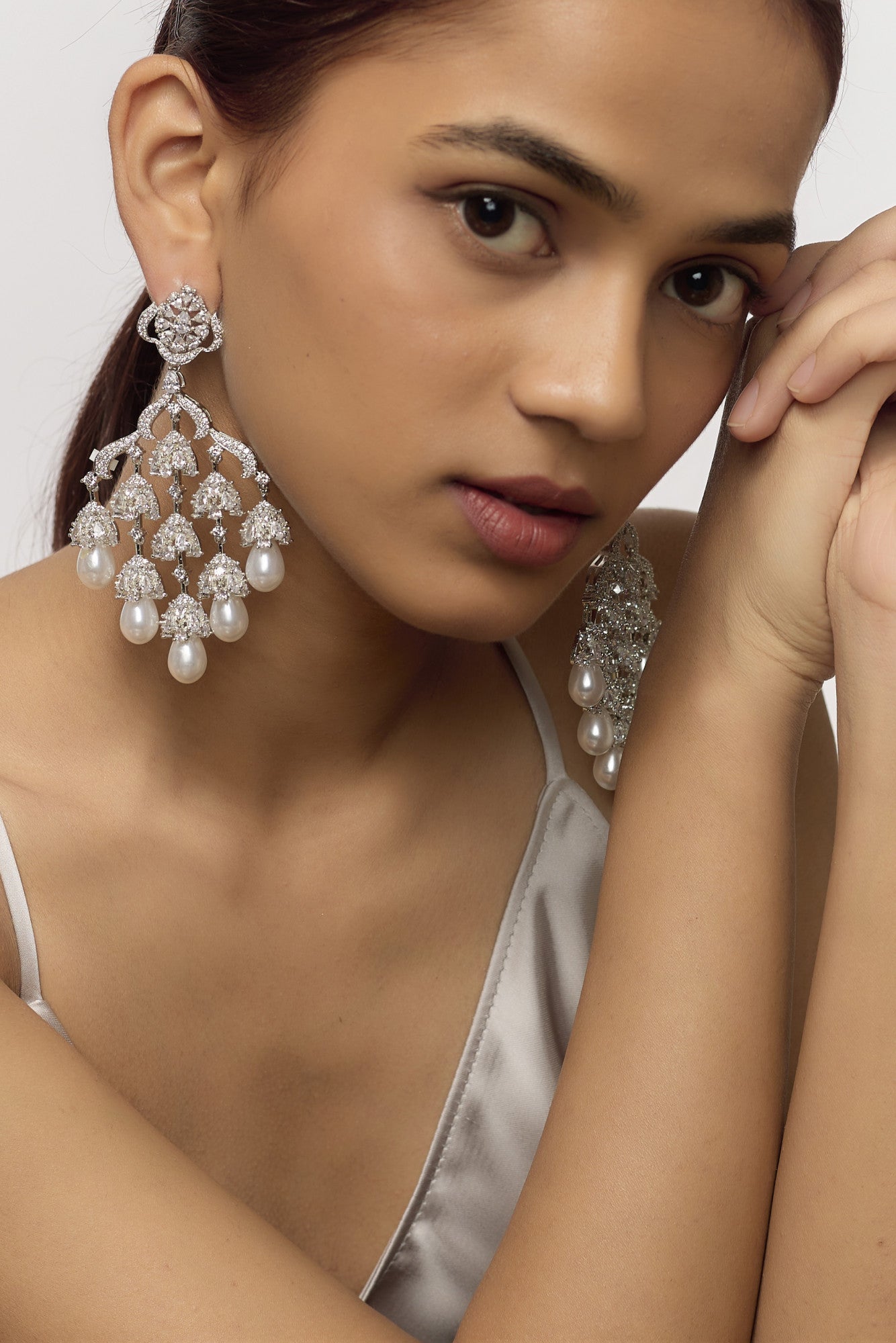 White Finish Three String Earrings