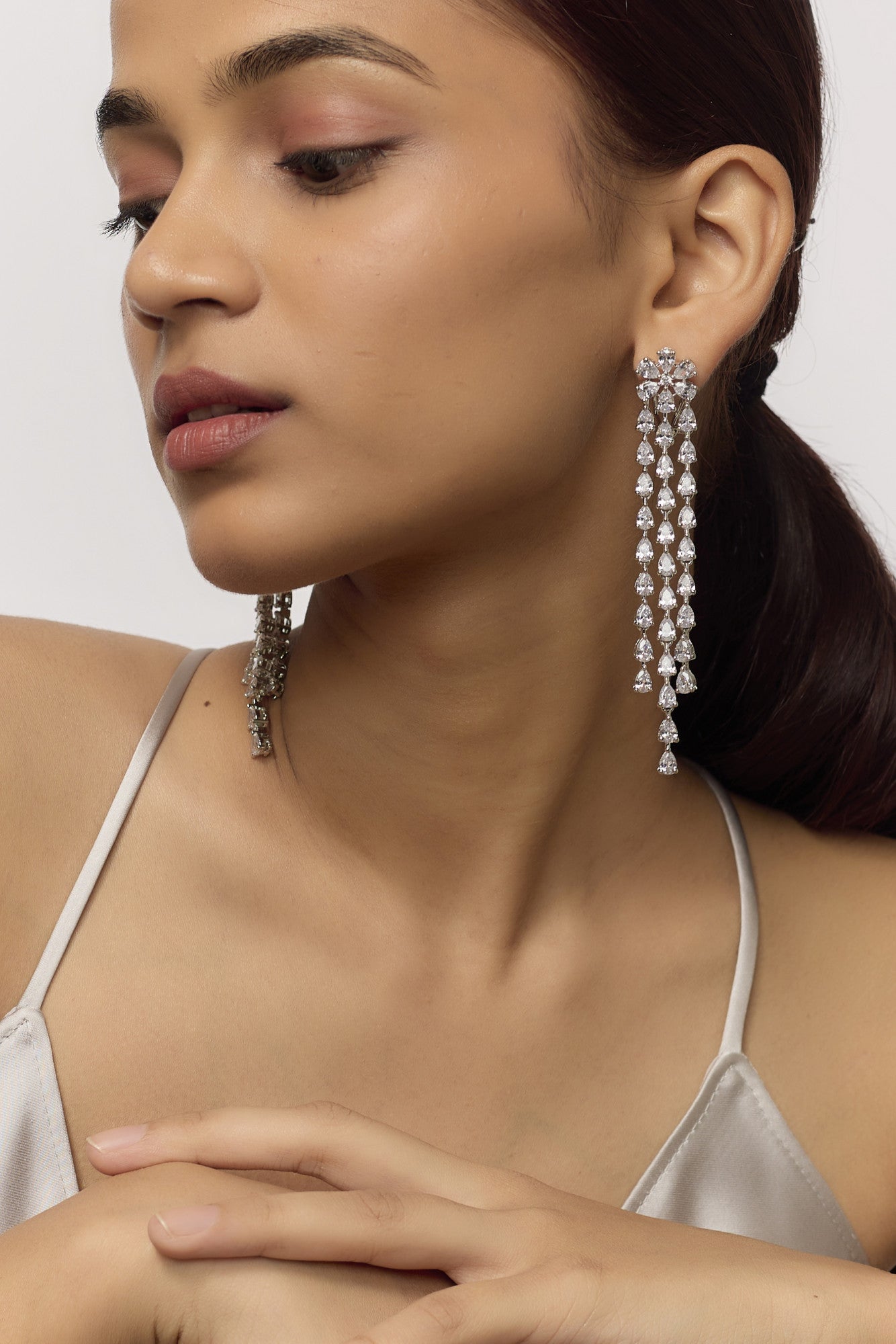 White Finish Three String Earrings